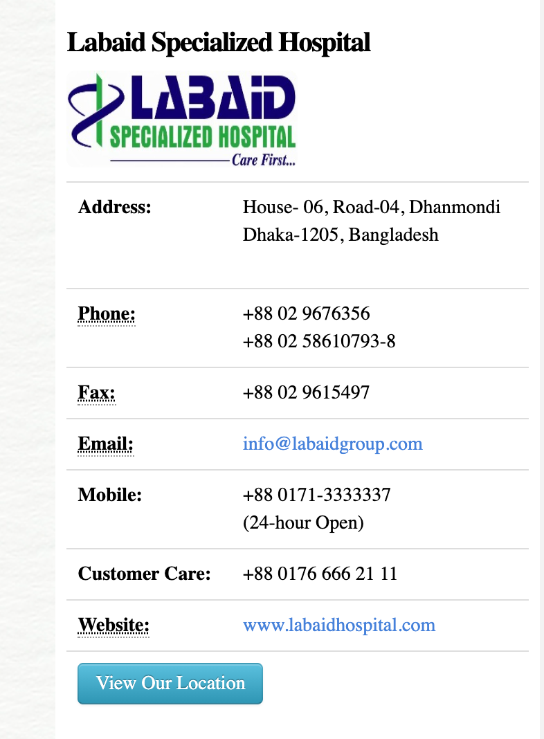 Labaid Specialized Hospital Dhanmondi Contact Number